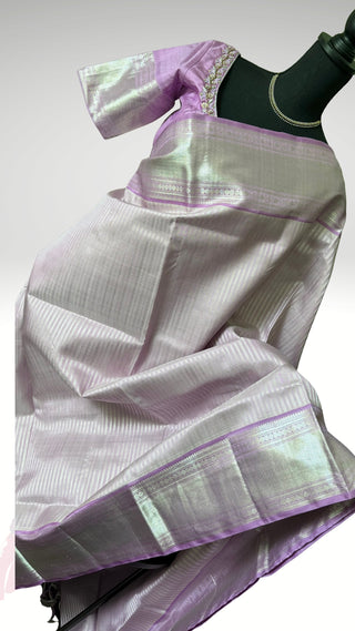 Pure Handloom Kanjivaram Pastel Lavender silk saree silver zari online stitched blouse brocade  blouse  one of a kind elegant easy drape  silk saree online shopping