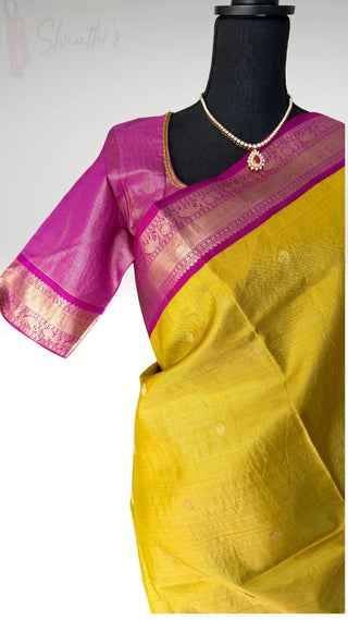 Bridal Vairaoosi Tissue Gold Tissue Cardamom Green to Majenta Kanjivaram silk saree with stitched Indian wedding muhurtam silk bridal blouse online shopping usa Diwali
