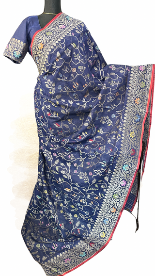 Dark blue handwoven jamdhani cotton saree real zari detailing
