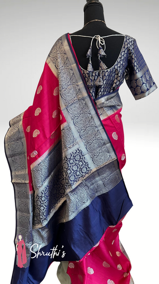 Dark Pink to Dark Grey Chinya Silk Saree with Silver Zari Border – Partywear Saree USA Online Shopping