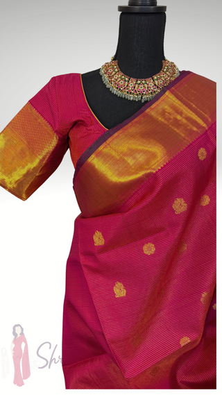Handloom dark pink vaira oosi kanjivaram silk saree with gold zari lines, peacock and chakram motifs, bridal pattu saree
