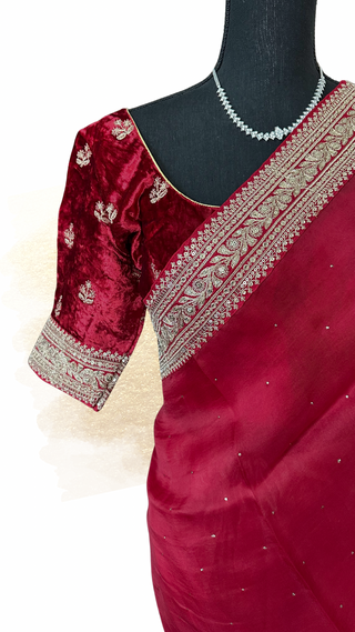 Dark red soft organza silk saree with velvet embroidered blouse
