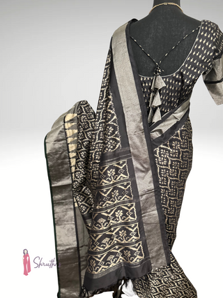 Pure Ikat silk saree black with silver Patola weave and prestitched blouse ready to wear USA collection