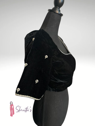 Pure velvet embroidered black blouse with pearl detailing, custom fit, sizes 36–44.