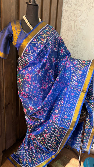 Designer blue patola pure silk saree suitable for weddings and festive occasions