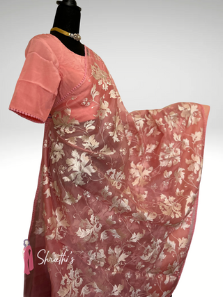 Designer pastel pink organza saree with blouse party wear ready to wear USA.