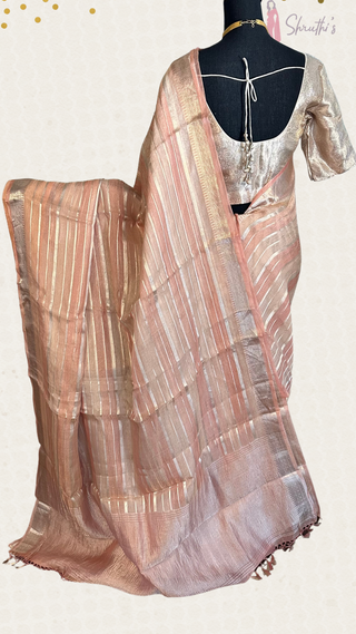 Luxury pink Banaras tissue silk saree with rich zari detailing and well-stitched ready blouse.