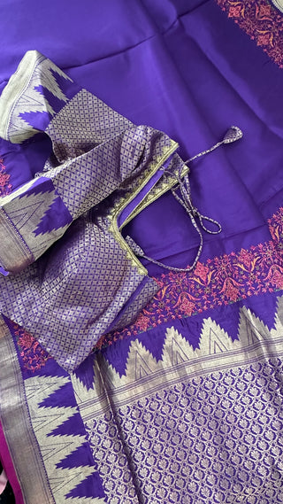 Designer pure silk saree in rich purple hue with golden floral embroidery and ready-to-wear prestitched blouse