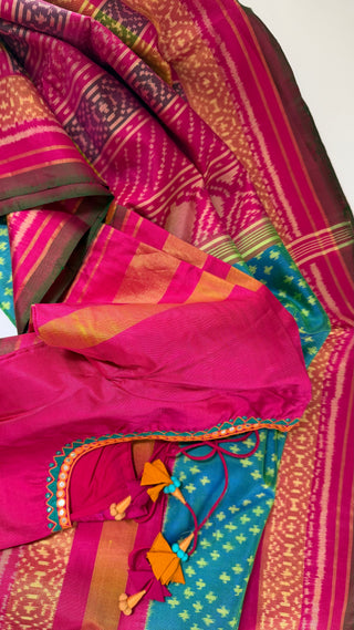 designer teal patola saree zari work stitched blouse partywear