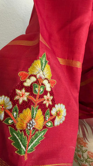Traditional Kanchipuram ven pattu saree with floral block prints