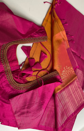 High-quality double ply soft silk saree featuring lustrous texture, perfect blend of strength, comfort, and elegance.