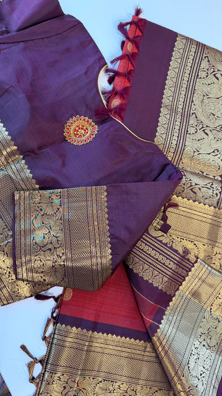 Double shade rust brown Kanjivaram silk saree handloom weave for South Indian wedding