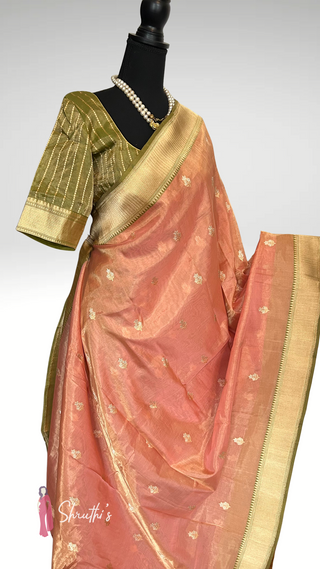 Banaras pure tissue silk saree in peach with gold zari border and olive green blouse – traditional festive wear