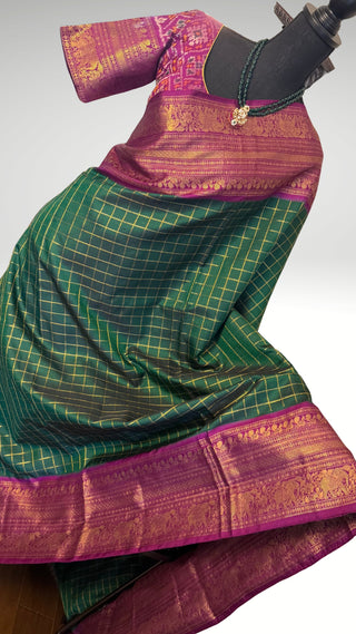 Pure Handloom Twill weave  kanjivaram silk saree pure antique zari weave  online ikat twill weave stitched blouse one of a kind elegant easy drape twill silk saree online shopping