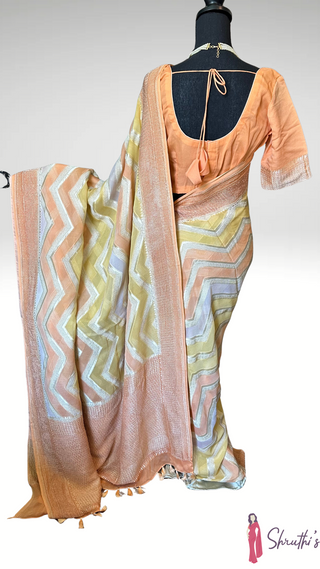 Georgette beneras silk saree pastel Orange pure silk easy drape silk saree Indian wedding saree with readymade blouse back open blouse