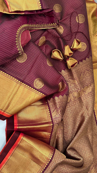 Maroon burgundy kanjivaram silk checks saree with hand embroidered blouse