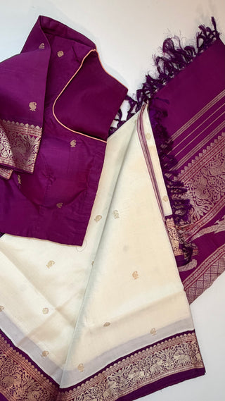 Ven Pattu kanjivaram purple  Kanchi pattu saree gold silver zari Indian wedding saree pure silk saree with stitched blouse usa online shopping