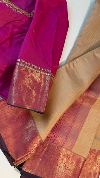 Handloom Pure kanchi Light Almond color  fine vairaoosi pure zari kanjivaram silk saree blouse and pallu indian wedding silk saree online usa