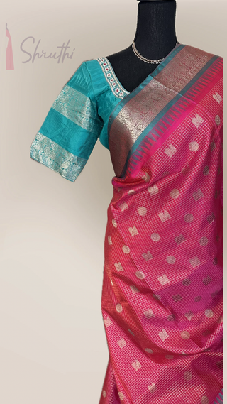 Venkatagiri pure double shade pink silk silver  zari with stitched blouse contrast blouse