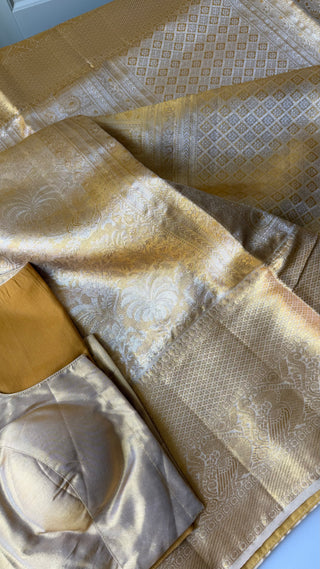Bridal Gold tissue kanjivaram silk saree stitched blouse online shopping usa Brocade handloom silk saree