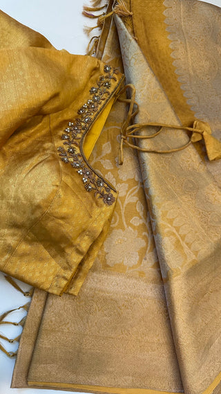 Pure Gold tissue Kanchi Kora Pure zari silk saree with stitched  blouse online shopping usa