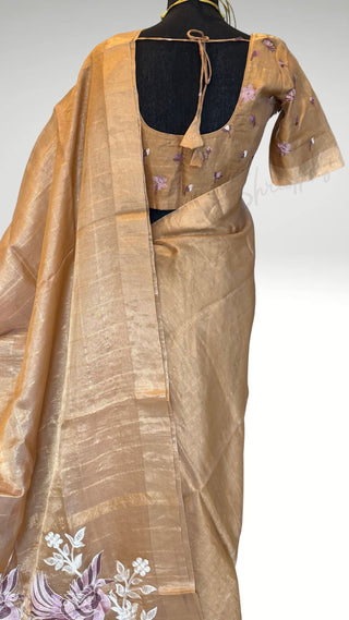 Pure Antique Tissue gold  pure silk saree stitched blouse embroidered  silk ready to wear altered to fit  online USA