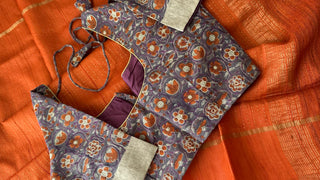Orange pure tussar silk with Kalamkari blouse silk blouses Partywear Indian saree usa