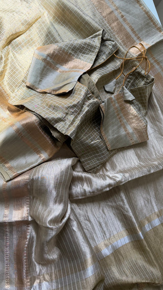 Pure Tissue Beneras Beige Gold checks handwoven pure silk saree stitched blouse saree readymade online USA