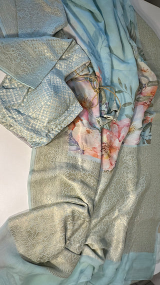 Floral Georgette Beneras Pastel silk saree pure silk beneras border pallu online