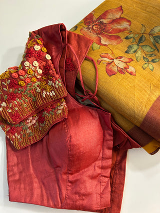Mustard Gold Tussar pure silk saree embroidered blouse with pure handloom saree Handloom silk Tussar with embroidery silk blouses zari borders and fine checks Partywear bridesmaids