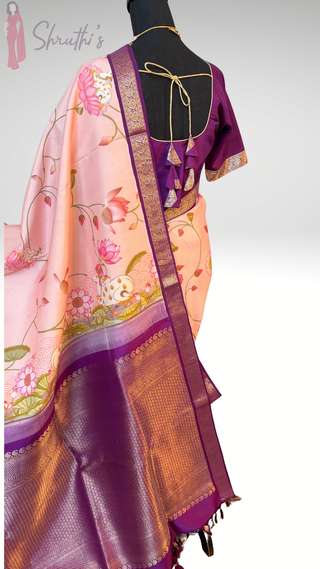 Pure Pichwai kanchi pattu print silk saree with kanchi gold zari  borders and pallu with embroidered blouse online shopping usa pure fusion silk saree usa