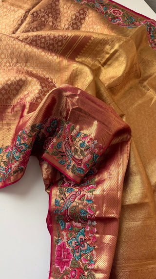 Kalyana pattu wedding Handloom  Kanjivaram Gold Tissue  Brocade embroidery sareePure silk pattumuhurtam saree  Kanjivaram silk saree with prestitched blouse.