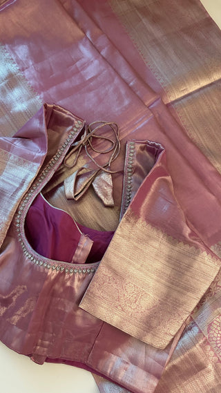 Pure Silver zari Tissue Kanchi Pattu saree with stitched blouse online shopping usa pastel silver zari kanjivaram