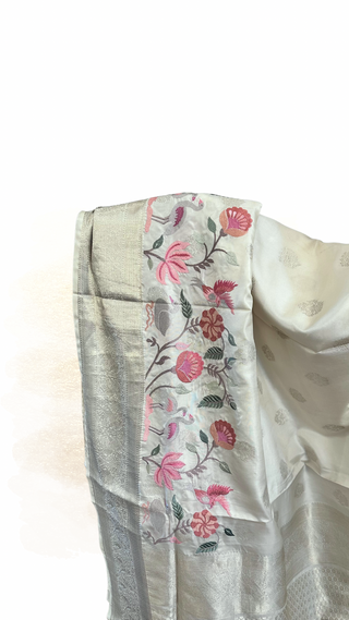 Cream White Embroidered Kanjivaram Silk Saree  Embroidered Blouse – Wedding & Party Wear Saree Online USA