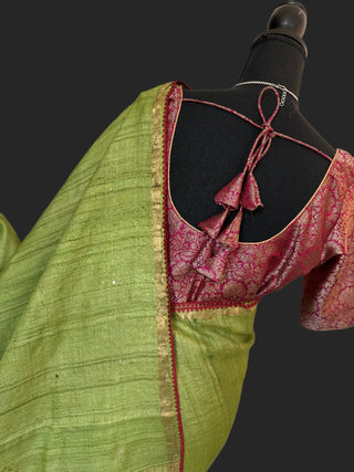 tussar jute silk saree printed stitched blouse online usa 