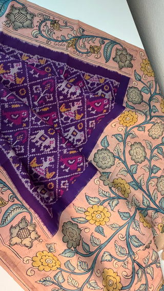 Pure pen purple kalamkari pure Handloom ikat silk pattu saree pen kalamkari saree with blouse online usa Hand painted