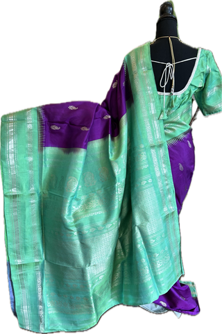 Purple Gadwal handwoven silk saree with embroidered stitched blouse