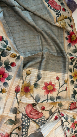 Handwoven Tussar hand painted pichwai one of kind tussar silk saree  online and stitched  blouse