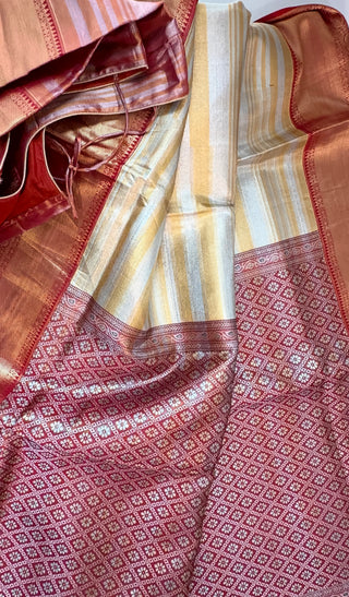 Gold Tissue red border Kanjivaram kalyana pattu ven pattu pure zari Pellicheera beige silk saree bridal with stitched hand embroidered blouse design USA Ratnamala vintage gold saree
