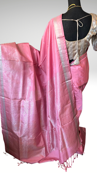 Pastel Pink pure silver zari soft silk saree  zari and hand embroidered blouse