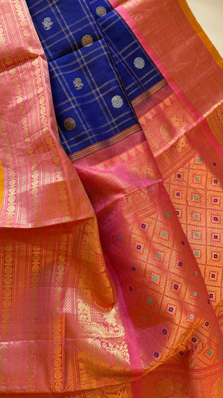 Pure Gadwal silk checks  saree pure zari  dark blue to pink gold zari silk saree