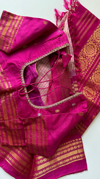 Pink checks Gadwal handwoven silk saree with stitched blouse