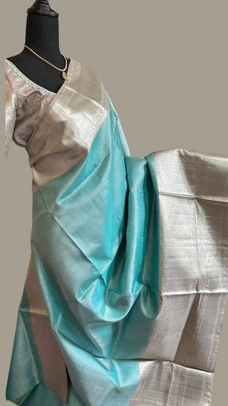 Pastel Blue Kanjivaram pattu saree Handwoven silk saree with stitched  blouse Hand embroidered blouse