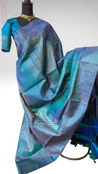 Pure Handloom kanjivaram Shades of Beautiful Blue brocade weave silver zari kanchi pattu saree fine weave kanchi pattu bridal
