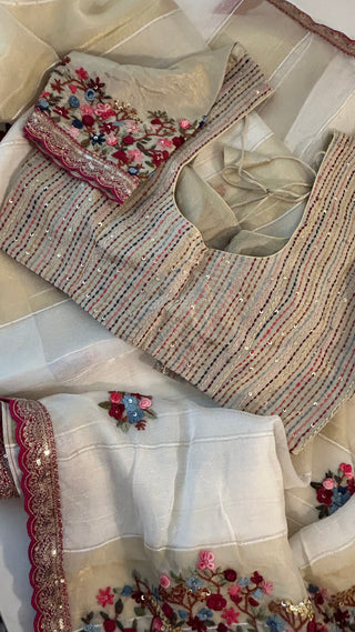 Pure Organza white Party wear handloom handwoven pure Embroidery  silk saree stitched blouse saree readymade online USA