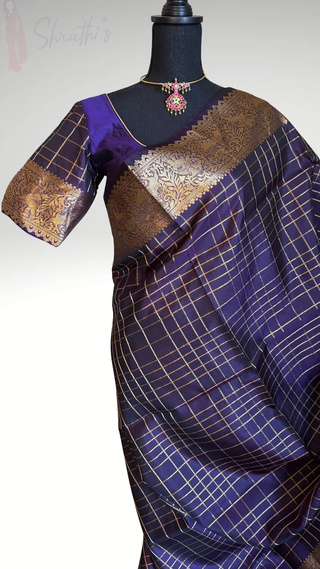 Pure Handloom Soft Silk Saree double ply Dark Purple checks gold zari silk saree with  Stitched Blouse Indian handloom wedding pattu Saree Online USA Ready to Ship Saree Online USA Easy Drape