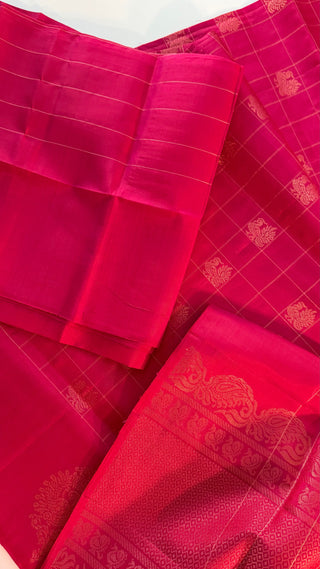 Handloom Reddish pink dual shade Easy drape with unstitched blouse Beautiful muthu kattam Soft silk kanchi pattu saree fine weave kanchi pattu bridal vintage revival
