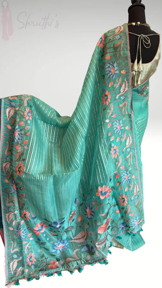 Pastel  Turquoise Organza Silk silver zari Saree with Silver Floral Embroidery – Lightweight Party Wear Saree Online USA, Ready to Wear with beneras brocade silk  Blouse Diwali festive bridesmaids Indian wedding