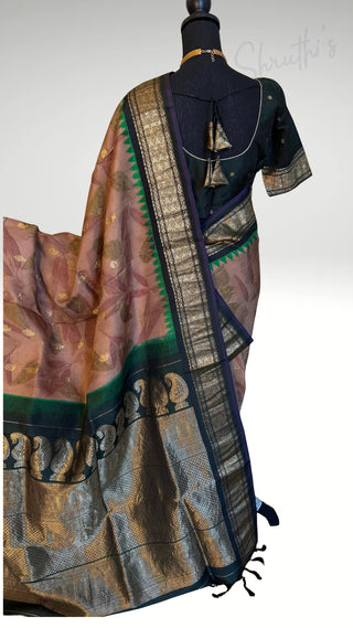 Vintage weaves pure Handloom silk Eco print Goldish Brown butta Gadwal silk saree with stitched  blouse