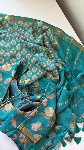 Floral sarees pastel partywear saree  teal Georgette  silk zari borders saree stitched blouse